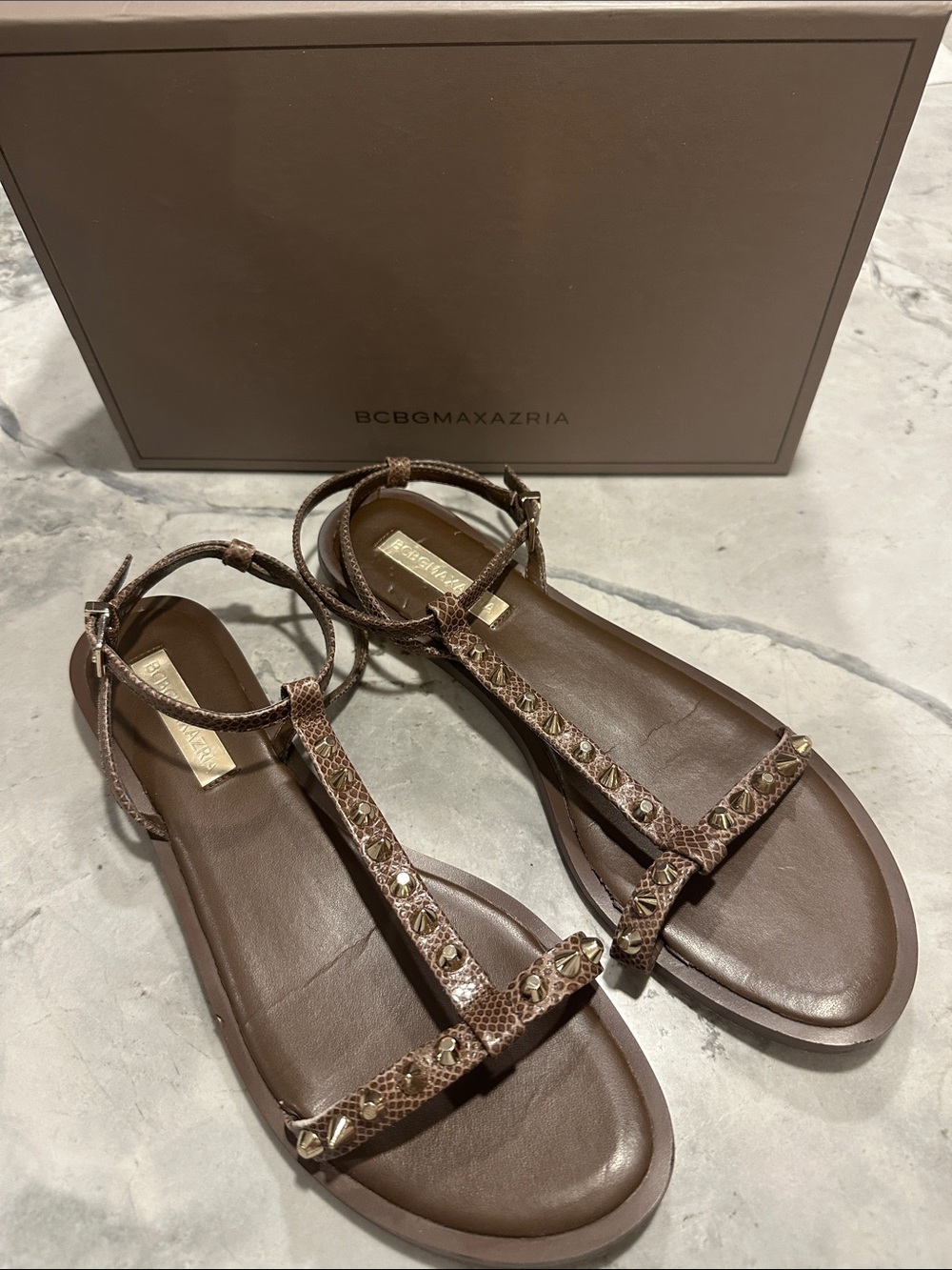 BCBGMaxAzria T-Strap Studded Snake-Textured Sandals